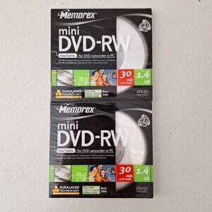 Set of 2 Memorex Mini DVD-RW 30 min 1.4GB Rewritable for DVD Camcorder or PC NEW